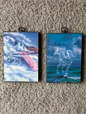 Vintage Pegasus and Galloping Sea Horse Art Prints - Blue, Pink, Rainbow